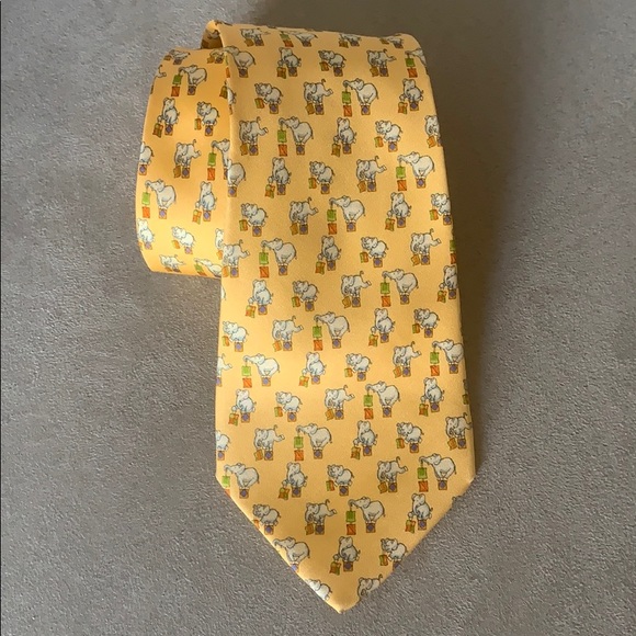 Salvatore Ferragamo Tie Mens OS Yellow Silk Circus Elephant Print Italy HTF